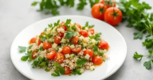 Beautiful fresh tabbouleh salad with parsley, mint, tomatoes, cucumber, olive oil dressing on white plate, Mediterranean cuis