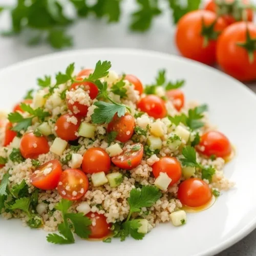 Beautiful fresh tabbouleh salad with parsley, mint, tomatoes, cucumber, olive oil dressing on white plate, Mediterranean cuis