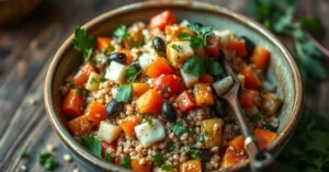Beautiful gluten-free tabbouleh salad with fresh herbs, colorful diced vegetables, millet grains in a rustic bowl, Mediterran
