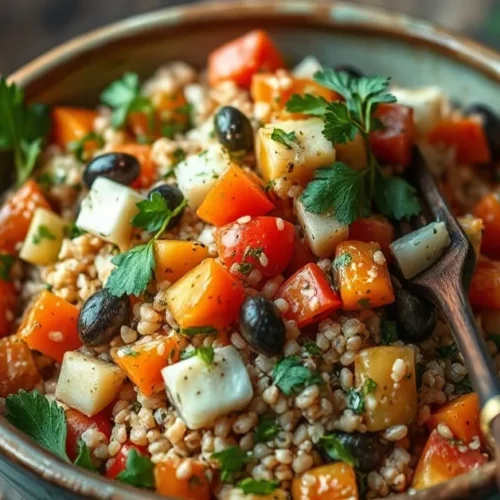 Beautiful gluten-free tabbouleh salad with fresh herbs, colorful diced vegetables, millet grains in a rustic bowl, Mediterran