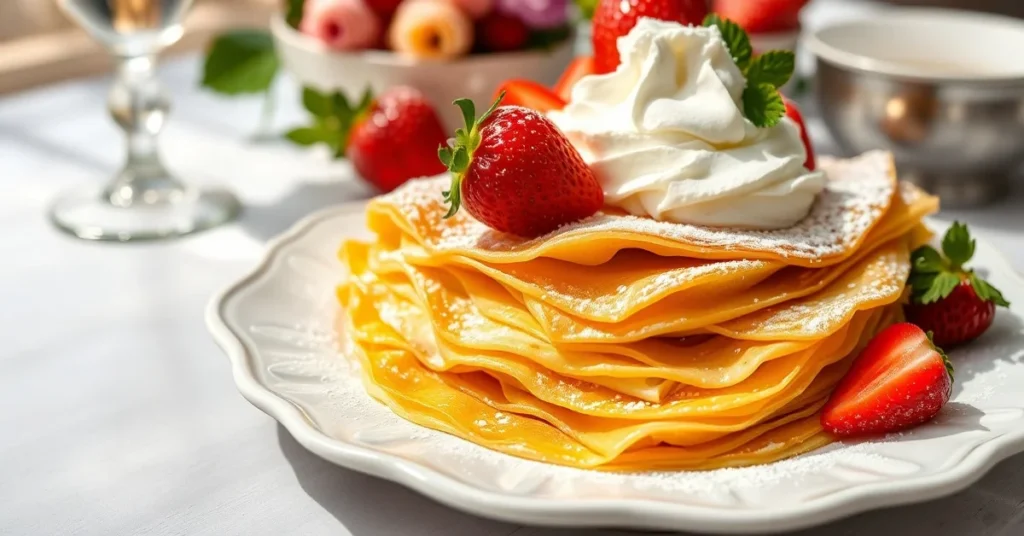 Beautiful golden French crêpes stacked on elegant white plate, dusted with powdered sugar, garnished with fresh strawberries