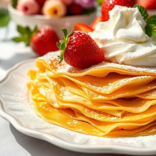 Beautiful golden French crêpes stacked on elegant white plate, dusted with powdered sugar, garnished with fresh strawberries