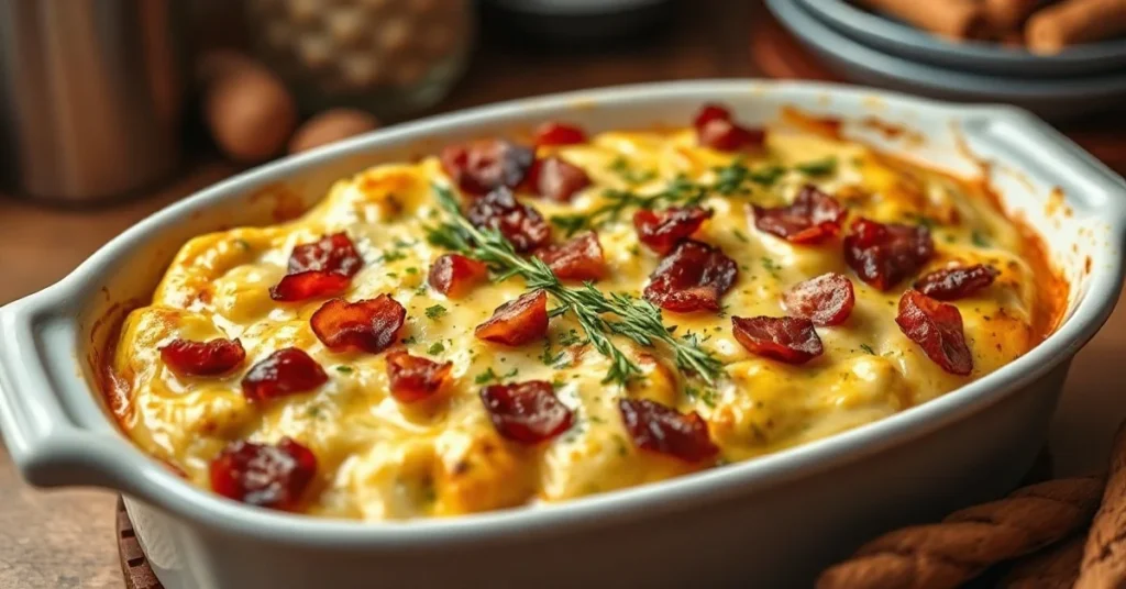 Beautiful golden tartiflette irish in creamy cheese sauce with crispy bacon, fresh herbs, rustic white ceramic gratin dish, w
