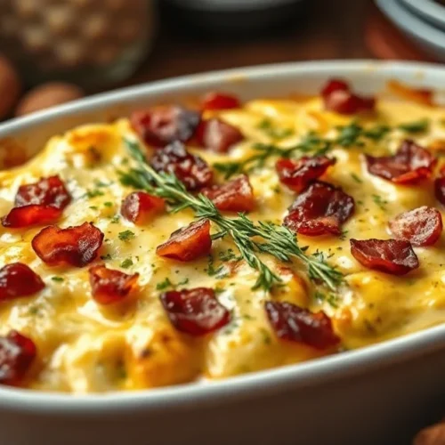 Beautiful golden tartiflette irish in creamy cheese sauce with crispy bacon, fresh herbs, rustic white ceramic gratin dish, w