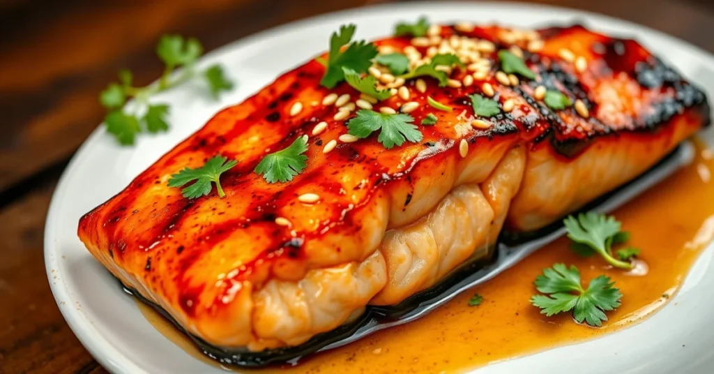 Beautiful grilled salmon fillet with glossy Asian glaze, topped with sesame seeds and fresh cilantro, aromatic ginger sauce,
