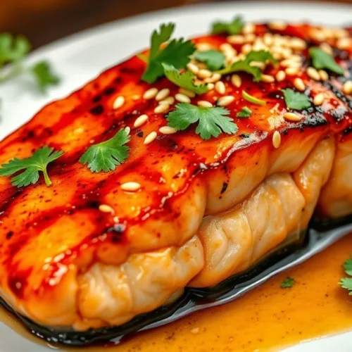 Beautiful grilled salmon fillet with glossy Asian glaze, topped with sesame seeds and fresh cilantro, aromatic ginger sauce,