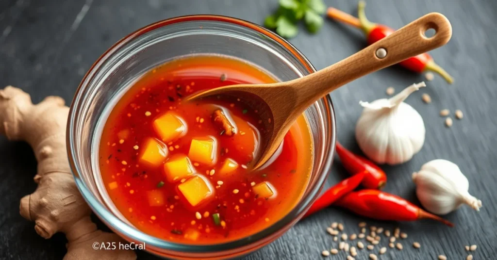 Beautiful homemade Asian sauce in glass bowl with ginger, garlic, chili peppers, sesame seeds, wooden spoon, professional foo
