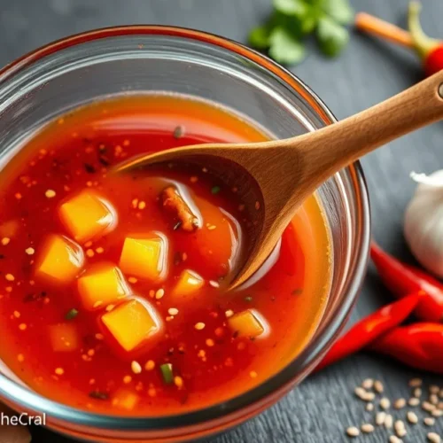 Beautiful homemade Asian sauce in glass bowl with ginger, garlic, chili peppers, sesame seeds, wooden spoon, professional foo