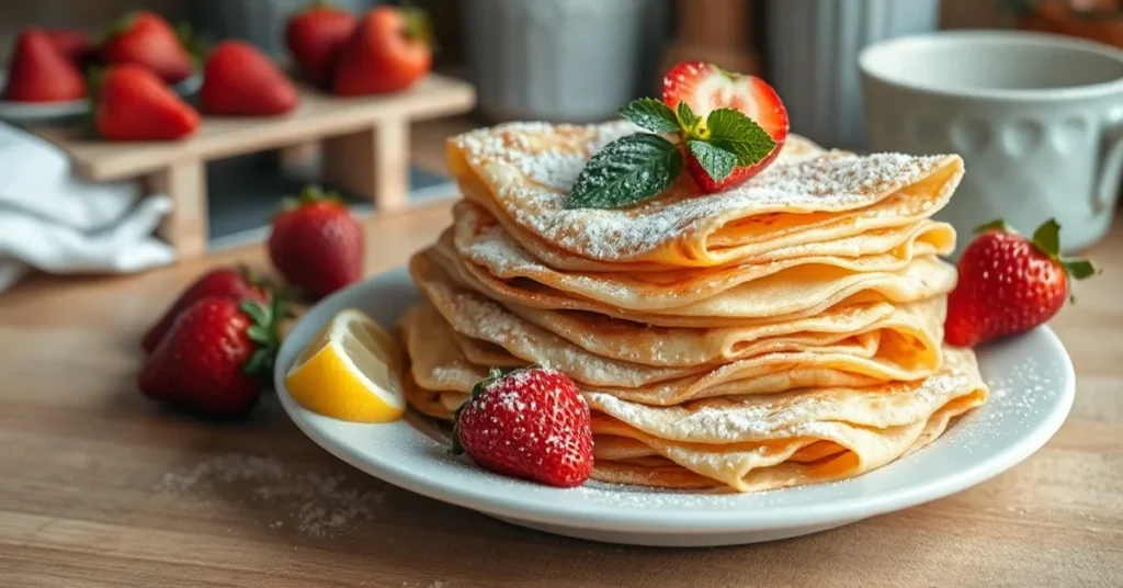 Beautiful homemade crepes stacked on white plate, dusted with powdered sugar, fresh strawberries and lemon wedges, rustic kit