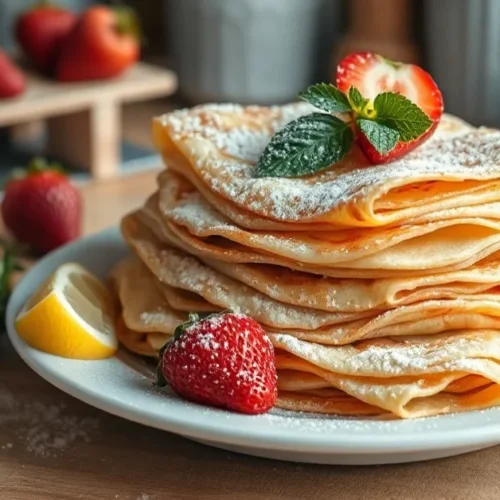Beautiful homemade crepes stacked on white plate, dusted with powdered sugar, fresh strawberries and lemon wedges, rustic kit