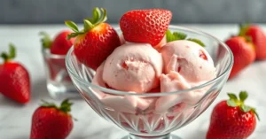 Beautiful homemade strawberry ice cream Ninja Creami in elegant glass bowl, fresh red strawberries, melting texture, professi