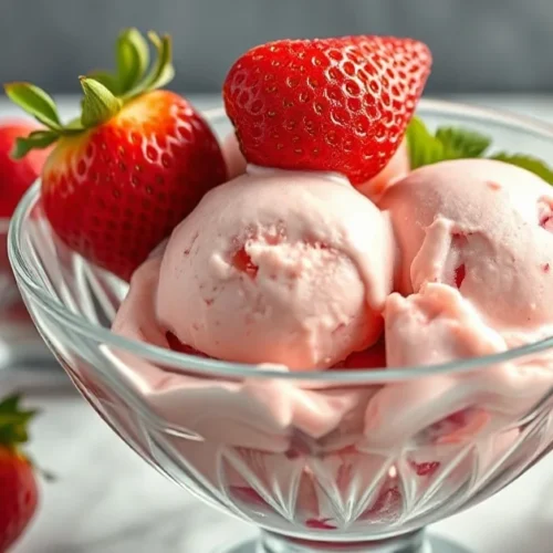 Beautiful homemade strawberry ice cream Ninja Creami in elegant glass bowl, fresh red strawberries, melting texture, professi