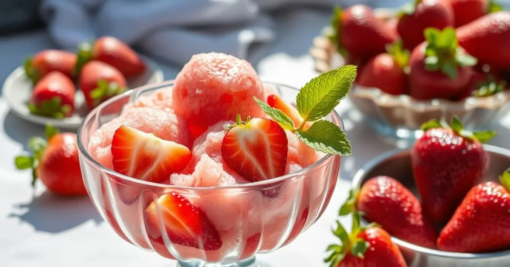 Beautiful homemade strawberry sorbet in glass bowl with fresh strawberries, mint leaf garnish, sunlit summer table setting