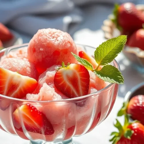 Beautiful homemade strawberry sorbet in glass bowl with fresh strawberries, mint leaf garnish, sunlit summer table setting
