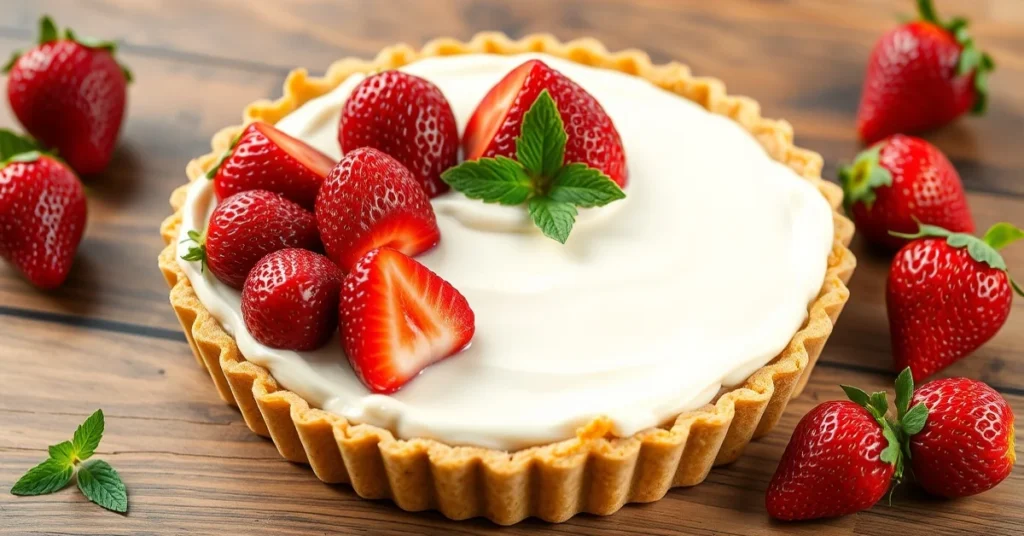 Beautiful homemade strawberry tart with fresh red strawberries on pastry cream, elegant French dessert, professional food pho