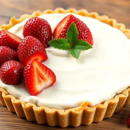 Beautiful homemade strawberry tart with fresh red strawberries on pastry cream, elegant French dessert, professional food pho