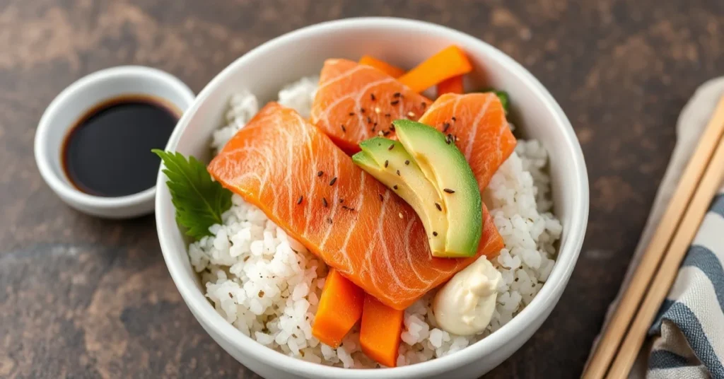 Beautiful homemade sushi bowl with fresh salmon slices, avocado, cucumber, carrot, sesame seeds and nori on fluffy vinegared