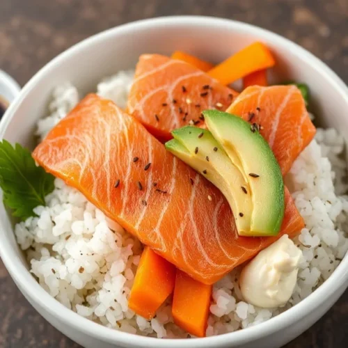 Beautiful homemade sushi bowl with fresh salmon slices, avocado, cucumber, carrot, sesame seeds and nori on fluffy vinegared