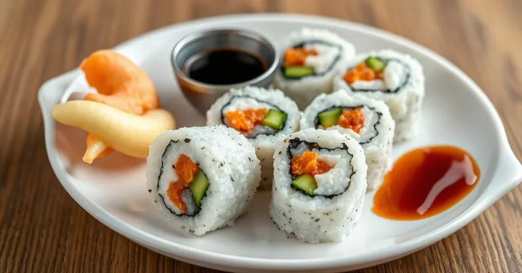 Beautiful homemade sushi rolls arranged on a white ceramic plate with soy sauce, wasabi, and pickled ginger, Japanese cuisine