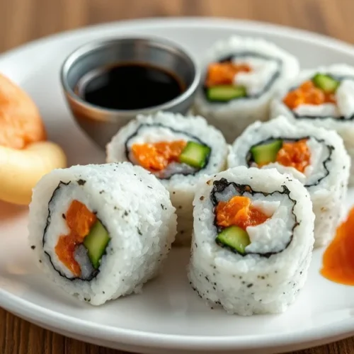 Beautiful homemade sushi rolls arranged on a white ceramic plate with soy sauce, wasabi, and pickled ginger, Japanese cuisine