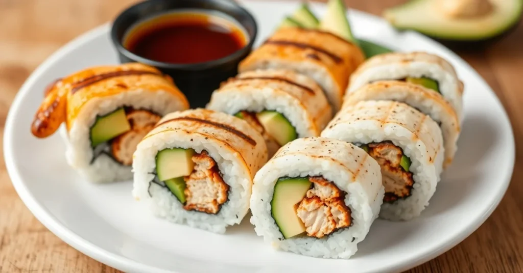 Beautiful homemade sushi rolls with grilled chicken, creamy avocado, fresh cucumber, arranged on white plate with soy sauce,
