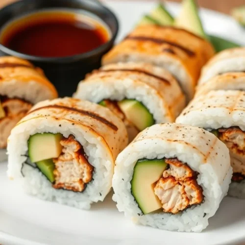Beautiful homemade sushi rolls with grilled chicken, creamy avocado, fresh cucumber, arranged on white plate with soy sauce,