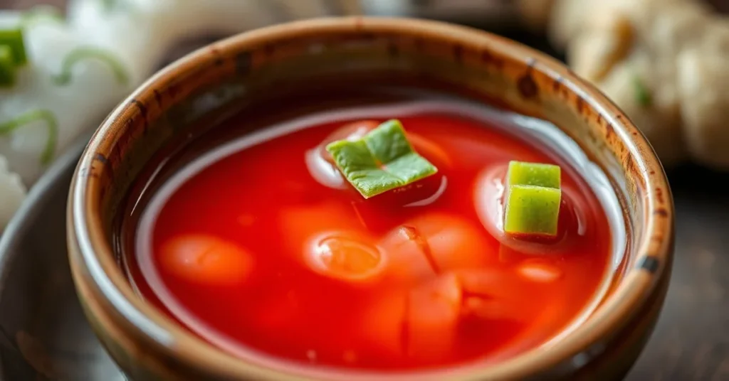 Beautiful homemade sushi sauce in a small ceramic bowl, garnished with fresh ginger and wasabi, professional sushi restaurant