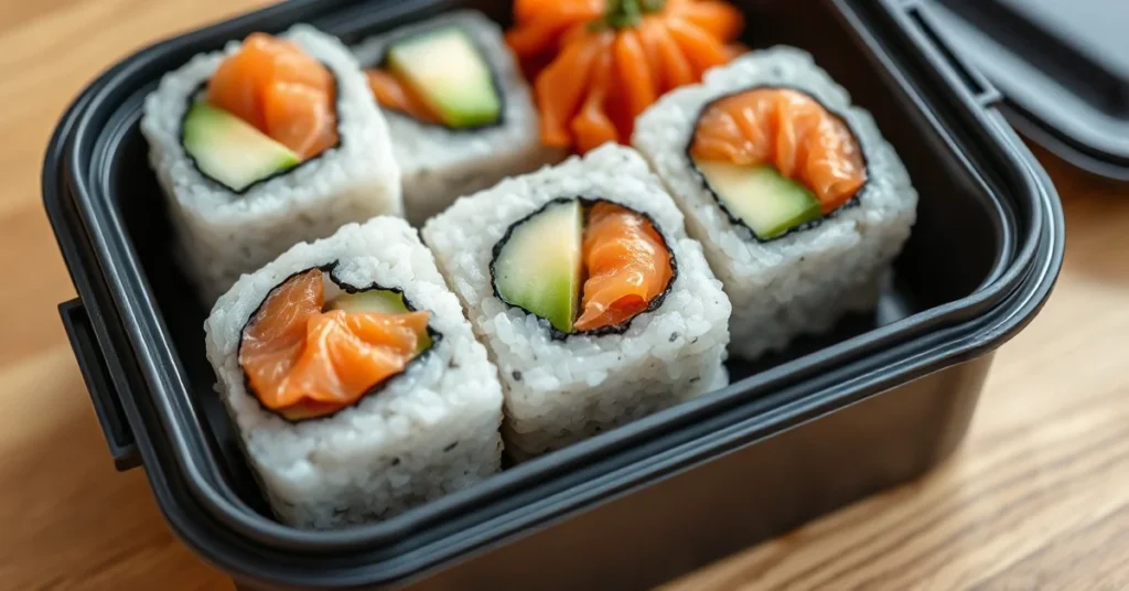 Beautiful homemade sushi squares in Tupperware box, colorful layers of salmon, avocado, cucumber, and rice, fresh Japanese cu