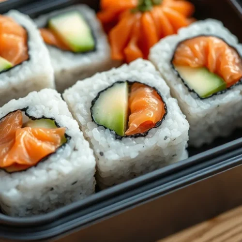 Beautiful homemade sushi squares in Tupperware box, colorful layers of salmon, avocado, cucumber, and rice, fresh Japanese cu