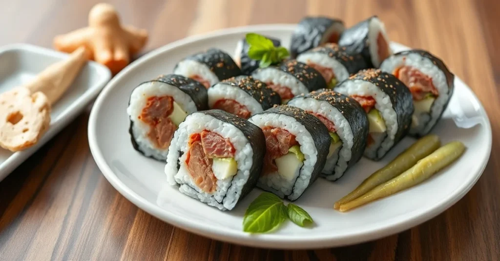 Beautiful homemade tuna sushi rolls arranged on white ceramic plate with fresh ginger and wasabi, natural daylight photograph
