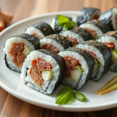 Beautiful homemade tuna sushi rolls arranged on white ceramic plate with fresh ginger and wasabi, natural daylight photograph