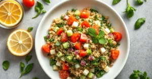 Beautiful overhead shot of tabbouleh salad without tomatoes, fresh herbs, diced vegetables, bulgur wheat, lemon citrus, Medit