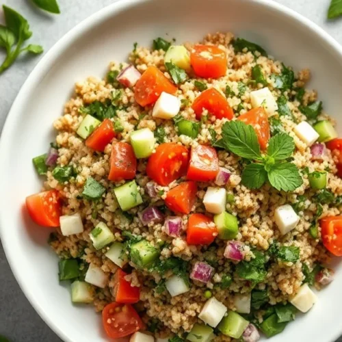 Beautiful overhead shot of tabbouleh salad without tomatoes, fresh herbs, diced vegetables, bulgur wheat, lemon citrus, Medit
