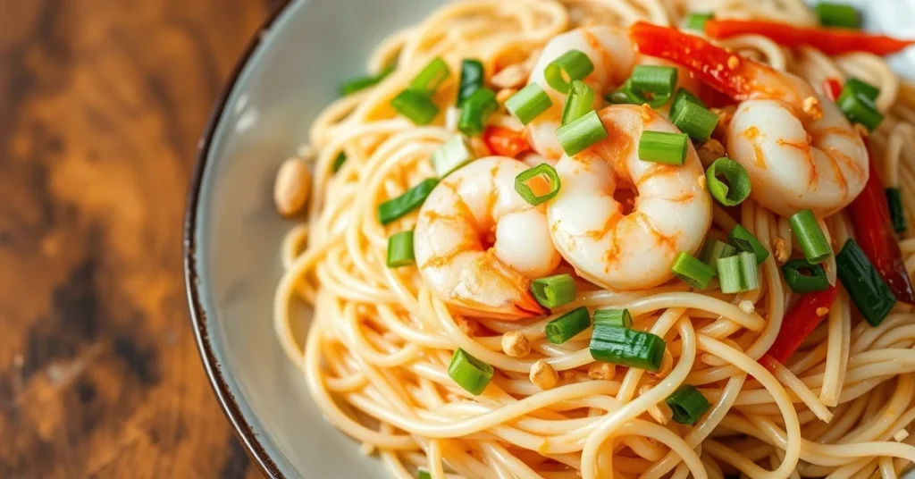 Beautiful pad thai with rice noodles, pink shrimp, fresh vegetables, peanuts, sprouts, vibrant colors, appetizing Asian cuisi