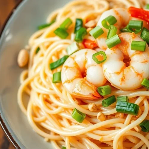 Beautiful pad thai with rice noodles, pink shrimp, fresh vegetables, peanuts, sprouts, vibrant colors, appetizing Asian cuisi