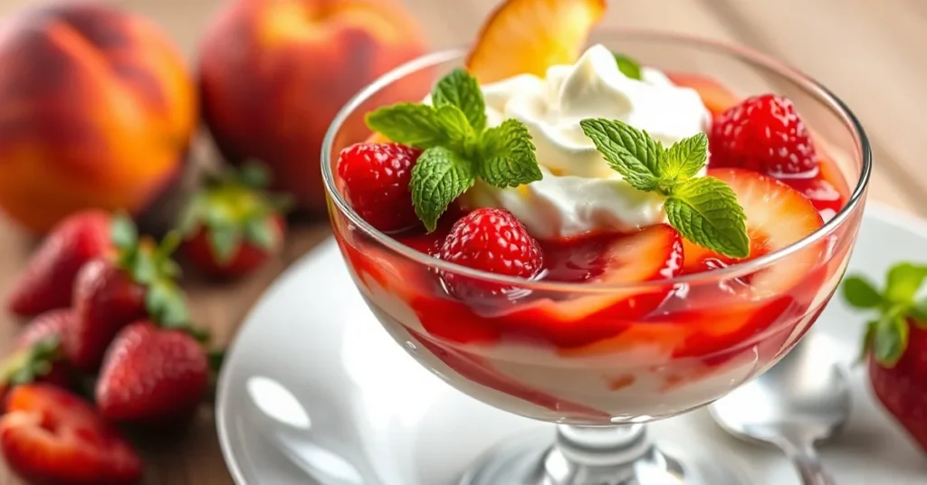 Beautiful Peach Melba dessert in elegant glass bowl, fresh strawberries, vanilla cream, raspberry coulis, garnished with mint