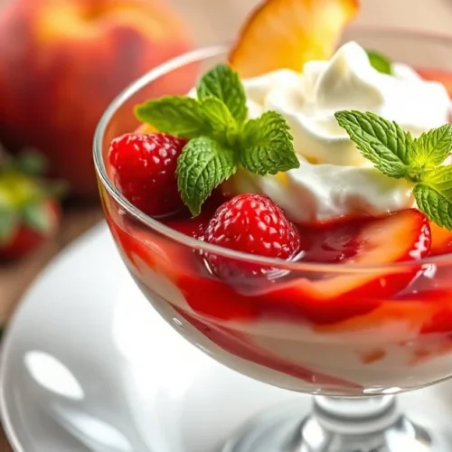 Beautiful Peach Melba dessert in elegant glass bowl, fresh strawberries, vanilla cream, raspberry coulis, garnished with mint
