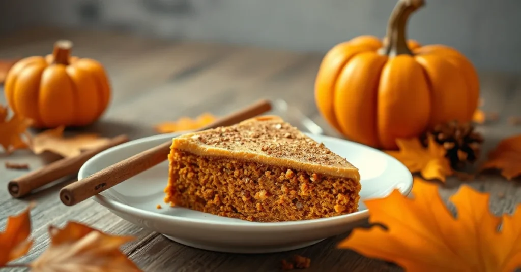Beautiful pumpkin spice latte cake slice on autumn table, warm cinnamon decorations, golden lighting, cozy fall dessert photo
