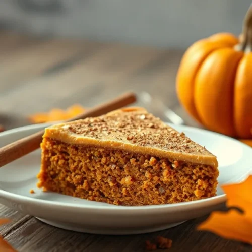 Beautiful pumpkin spice latte cake slice on autumn table, warm cinnamon decorations, golden lighting, cozy fall dessert photo