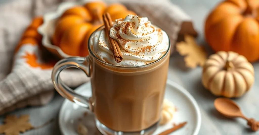 Beautiful Pumpkin Spice Latte with whipped cream and cinnamon garnish, steaming coffee cup, autumn cozy aesthetic, profession