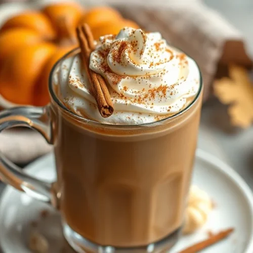 Beautiful Pumpkin Spice Latte with whipped cream and cinnamon garnish, steaming coffee cup, autumn cozy aesthetic, profession