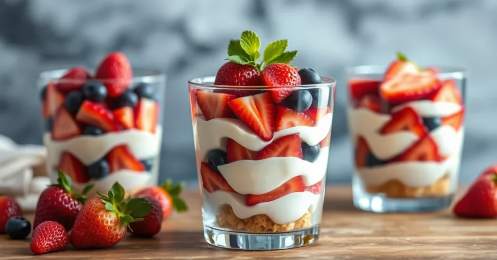 Beautiful strawberry mascarpone verrine dessert with layers of ladyfinger biscuits, creamy mascarpone, fresh berries, elegant