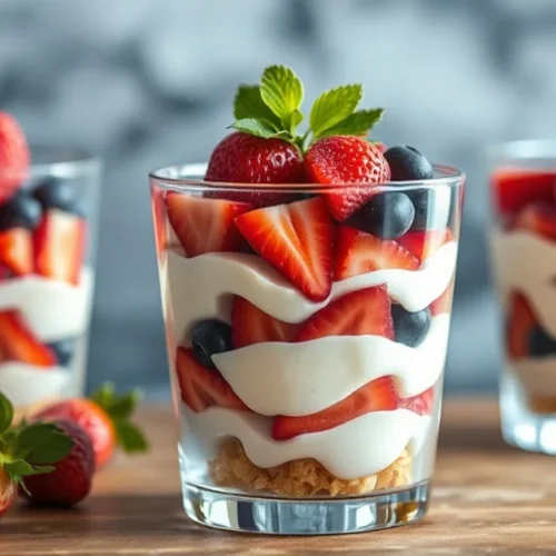 Beautiful strawberry mascarpone verrine dessert with layers of ladyfinger biscuits, creamy mascarpone, fresh berries, elegant
