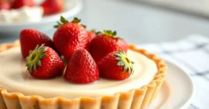 Beautiful strawberry tart with fresh red strawberries on creamy custard, golden pastry crust, professional food photography,