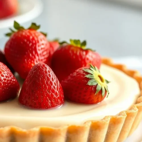 Beautiful strawberry tart with fresh red strawberries on creamy custard, golden pastry crust, professional food photography,