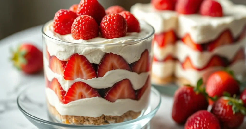Beautiful strawberry tiramisu dessert with fresh red berries on top, creamy mascarpone layers, elegant presentation in glass