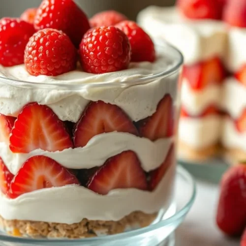 Beautiful strawberry tiramisu dessert with fresh red berries on top, creamy mascarpone layers, elegant presentation in glass
