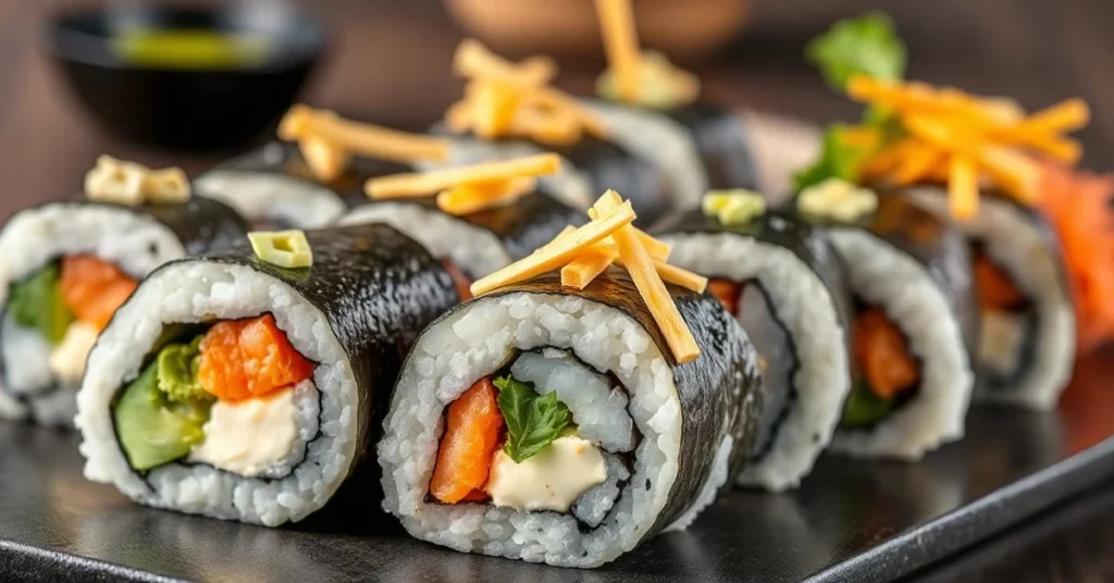 Beautiful sushi rolls with cream cheese and cheddar, vibrant colors, professional food photography, Japanese platter presenta