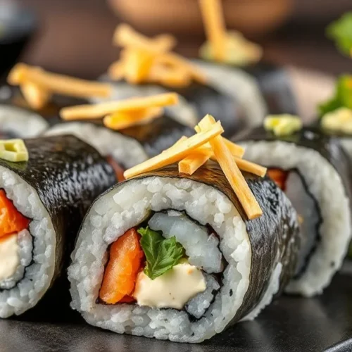 Beautiful sushi rolls with cream cheese and cheddar, vibrant colors, professional food photography, Japanese platter presenta
