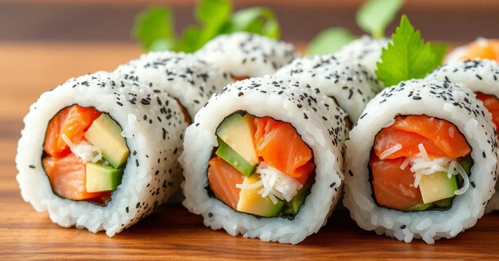 Beautiful sushi rolls without nori rice coated exterior, fresh salmon avocado cucumber, Japanese cuisine, professional food p